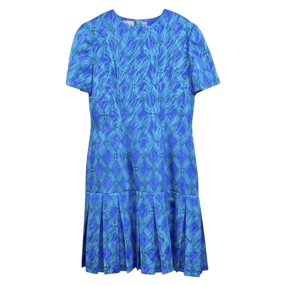Vtg 80s Papell Petites Checkered Print Pleated Dress Teal Green Purple Size 8P